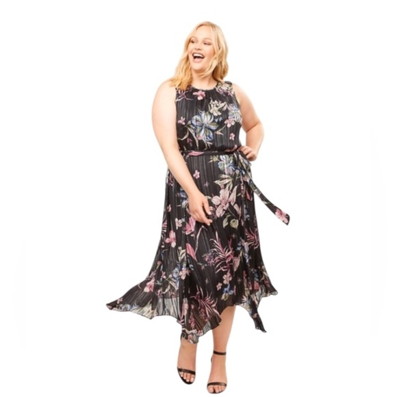 Lane Bryant Black Pink Floral Subtle Metallic Stripes Blouson Midi Dress Sz 24 - Picture 9 of 9